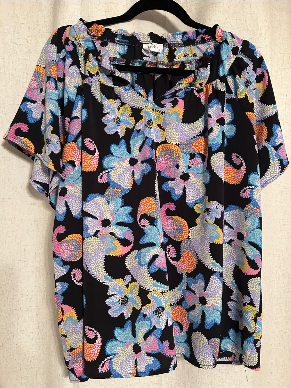 Lilly Pulitzer Black Floral Paisley Ruffle-Neck Blouse
